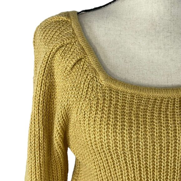 And Now This Small Crop Sweater Square Neck Long Puff Sleeves Stretch Curry New - Picture 2 of 8